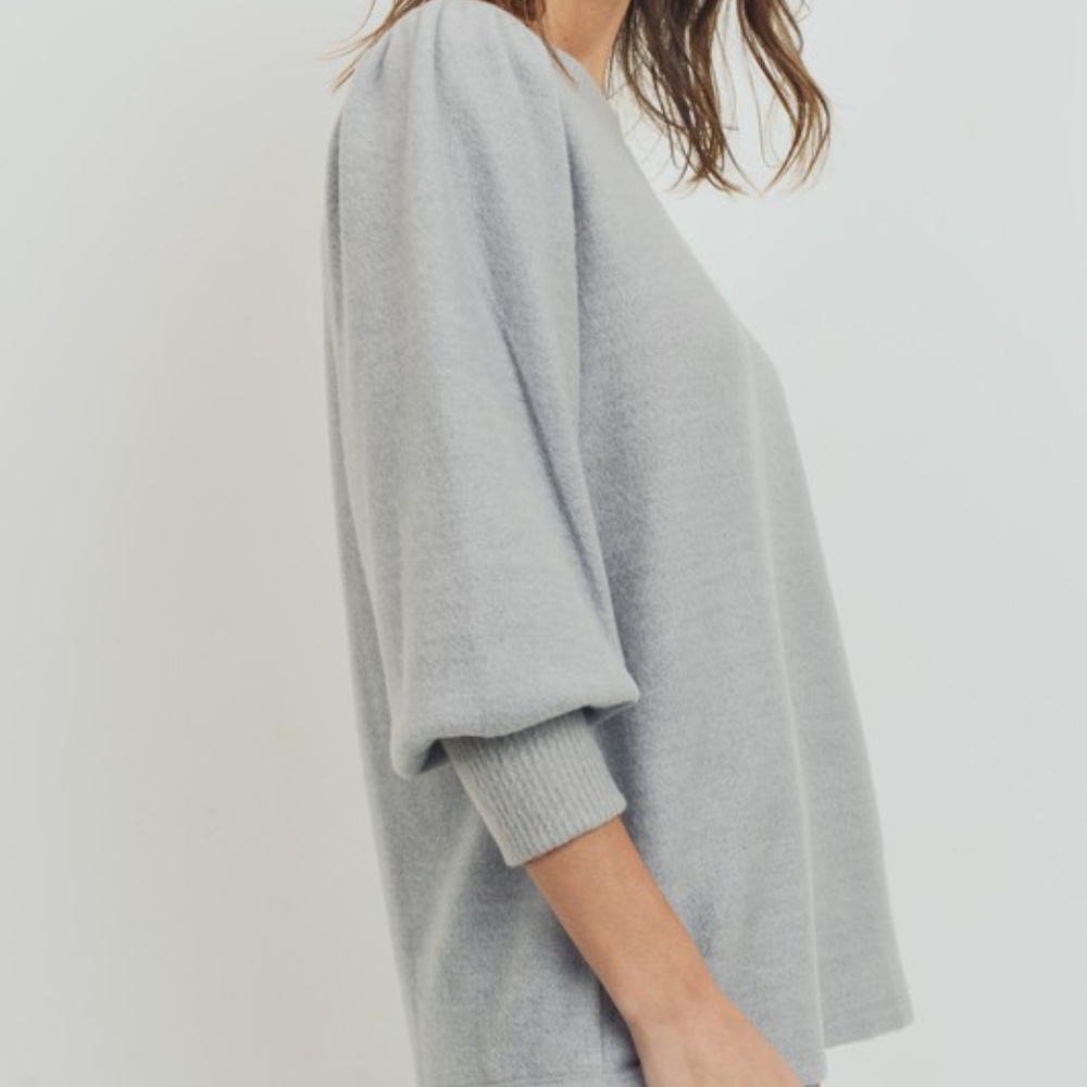 Wool Brush Puff Shoulder Knit Sweater,Heather Gray - Picture 4 of 5